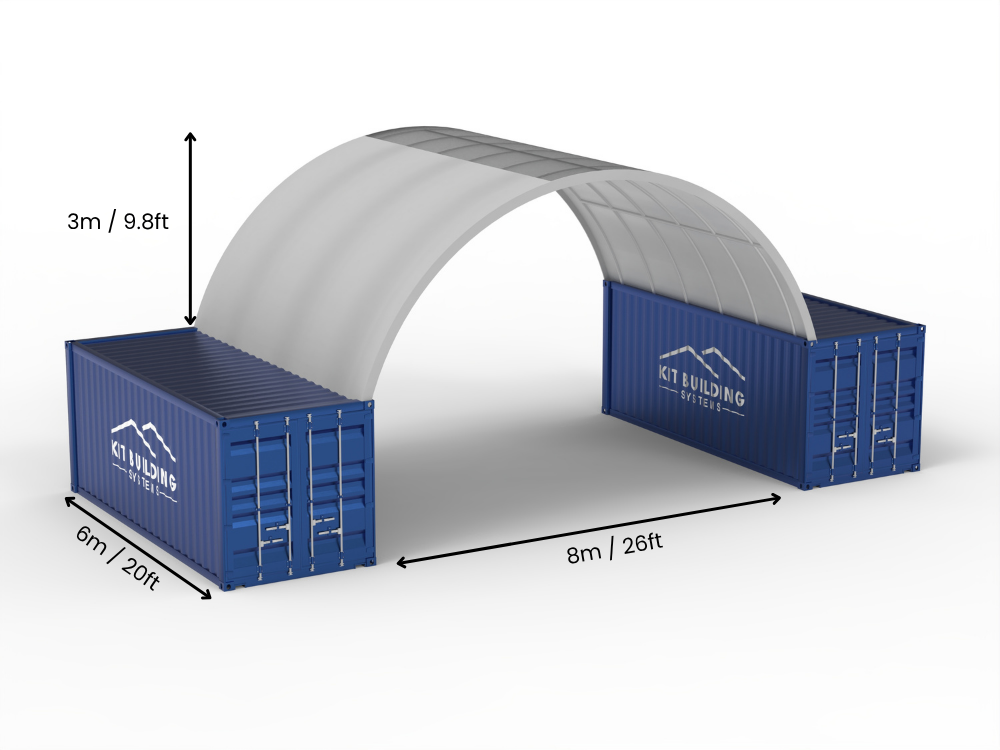 Rozpiętość 8m (26ft) | Zadaszenia kontenerowe 26ft szerokości, 10ft wysokości (8m x 3m)