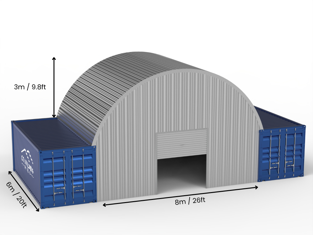 Rozpiętość 8m (26 stóp) | Stalowe daszki kontenerowe 26 stóp szerokości, 10 stóp wysokości (8m x 3m)