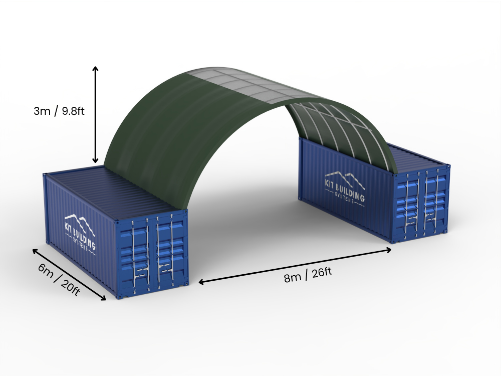 Rozpiętość 8m (26ft) | Zadaszenia kontenerowe 26ft szerokości, 10ft wysokości (8m x 3m)