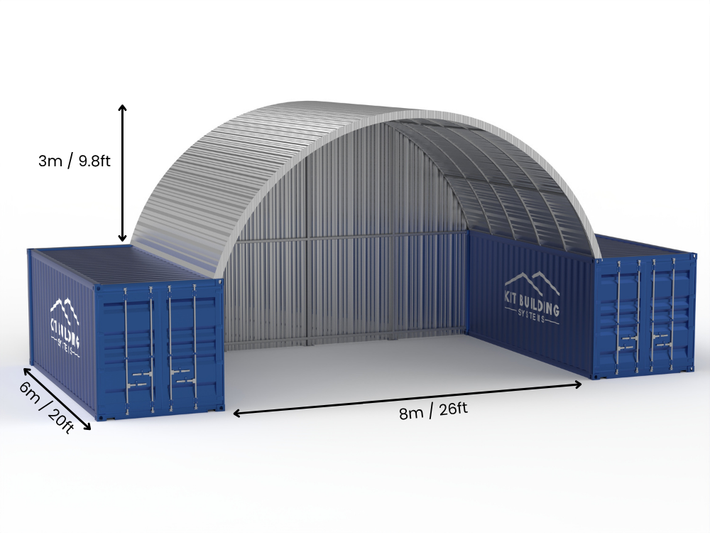 Rozpiętość 8m (26 stóp) | Stalowe daszki kontenerowe 26 stóp szerokości, 10 stóp wysokości (8m x 3m)