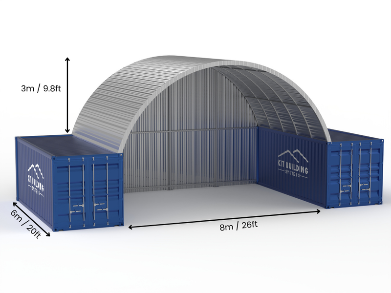 Rozpiętość 8m (26 stóp) | Stalowe daszki kontenerowe 26 stóp szerokości, 10 stóp wysokości (8m x 3m)